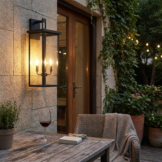 Outdoor Wall Lantern - Black, Weatherproof, Glass Porch Sconce