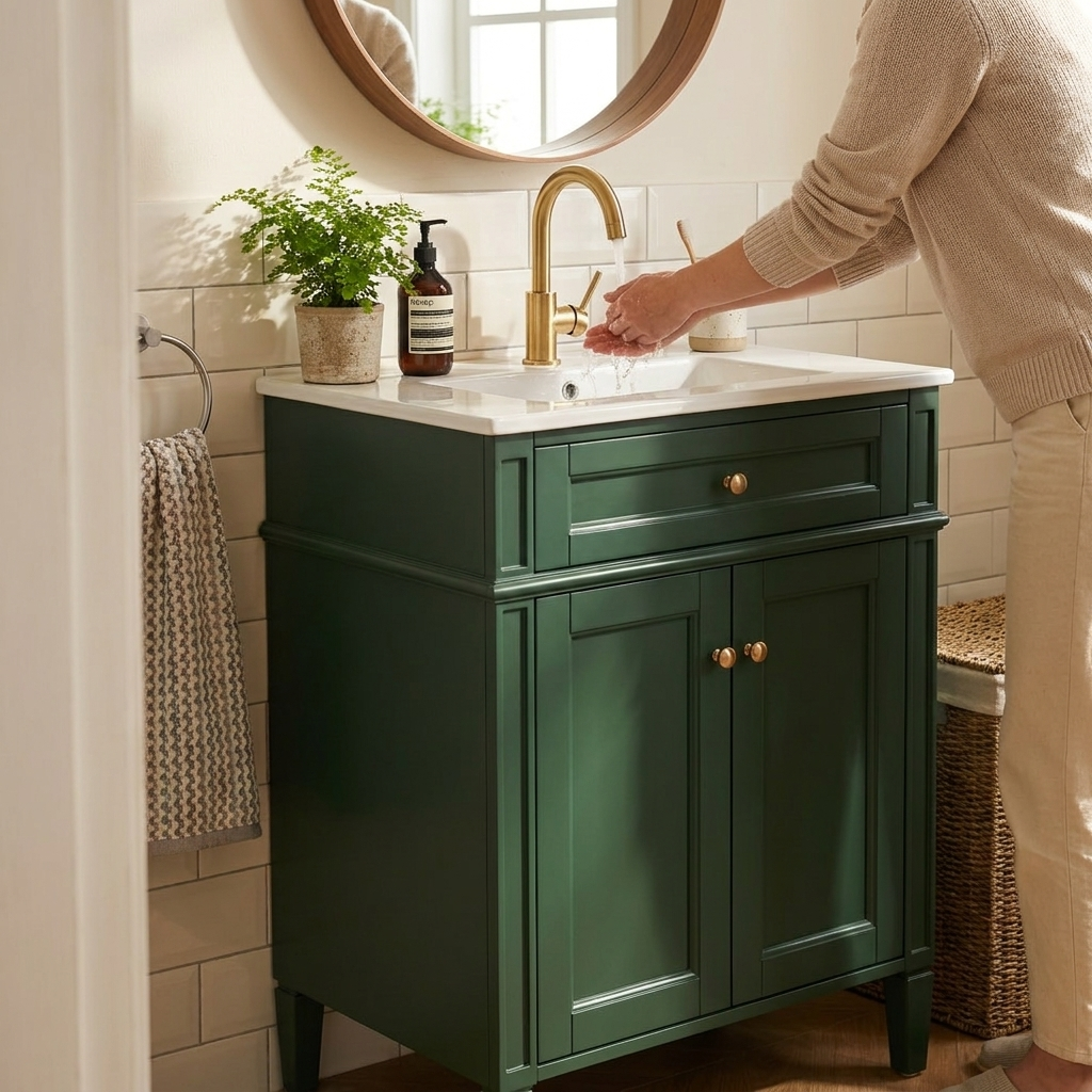 24in Bathroom Vanity - Green, Ceramic Sink, Soft-Close Cabinet