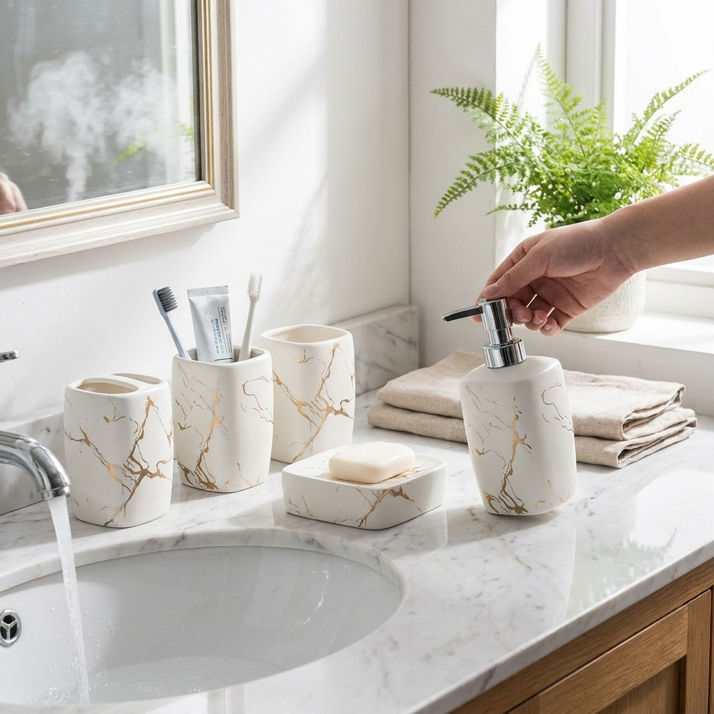 Stone Bathroom Set - Natural, Minimalist, Vanity Cup Accessories