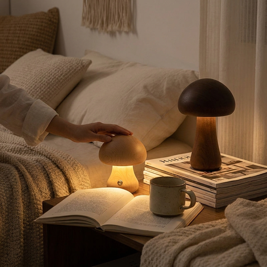 Mushroom Night Light - Wooden, Touch, Cozy Kids Bedside Lamp