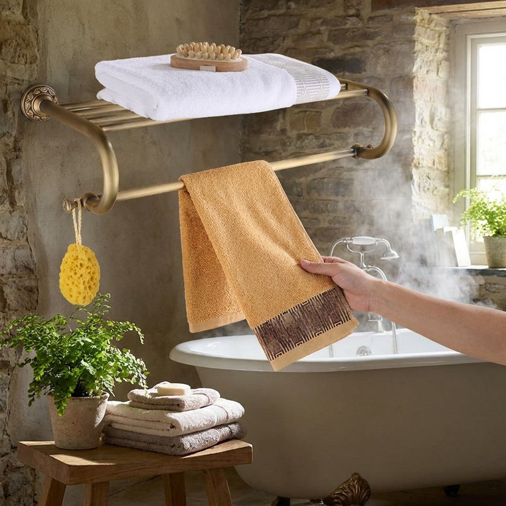 Copper Bathroom Shelf - Carved, Wall-Mounted, Towel & Cup Rack