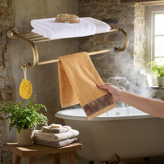 Copper Bathroom Shelf - Carved, Wall-Mounted, Towel & Cup Rack