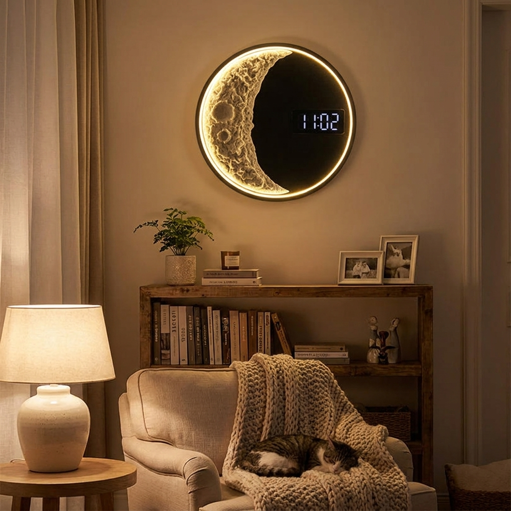 Moon Wall Lamp - Starry Sky, 40cm, Decorative Light with Clock